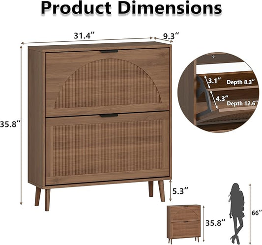 Shoe Cabinet for Entryway with 2 Flip Drawers, Slim Wooden Shoe Storage Organizer with Modern Fluted Pannel,Freestanding Narrow Hidden Shoe Rack for Hallway, Foyer, Living Room