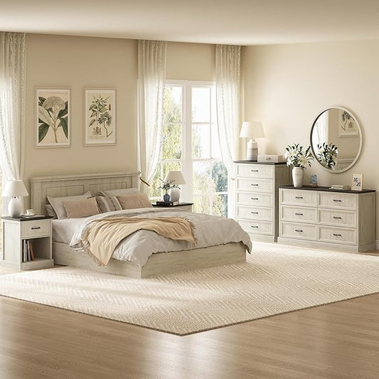 CARPETNAL Farmhouse Dresser and Nightstand Sets for Bedroom, 4 Pcs Bedroom Set, 5 Drawer & 6 Drawer Dresser and Nightstand Set of 2, Wood Chest of Drawers for Living Room, Entryway, White