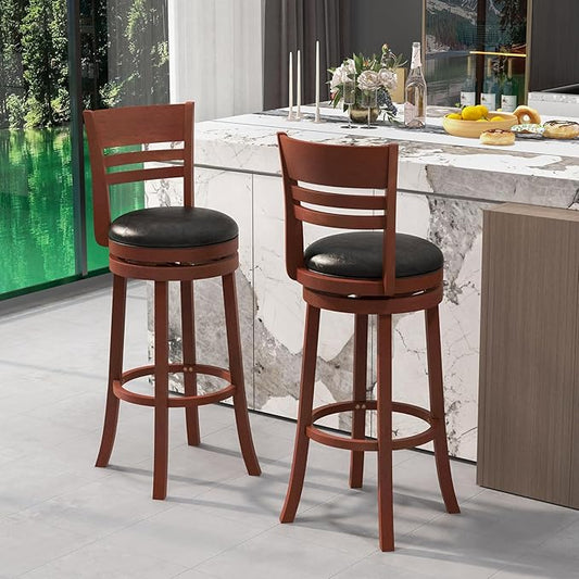 COSTWAY Bar Stools, 360-Degree Swivel Bar Chairs with PU Upholstered Seats, Solid Rubber Wood Backrests, Footrests & Legs, Bar Height Stools with Backs for Kitchen, Bar, Brown (2)