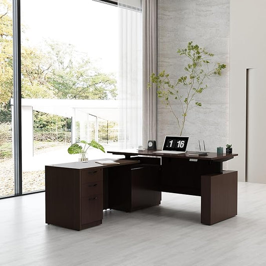 66.93'' Height Adjustable L-Shaped Executive Desk with Drawers and Shelves (Espresso)