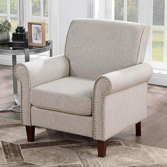 Prilinex Upholstered Living Room Chair - Large Comfy Fabric Accent Chair Single Sofa with Cushion, Rolled Armrest & Nailhead Trim, Mid Century Farmhouse Armchair for Bedroom, Office, Beige