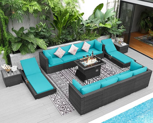 NICESOUL 13 Piece Outdoor Seating with Firepit, Comfortable Cozy Backyard Furniture with Fire Table and Lounge Chair, Modular Sectional Patio Sofas 500lbs Heavyduty with 10-Seat Group, Gray&Turquoise