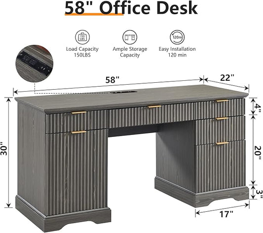 JXQTLINGMU 58" Modern Executive Desk with Storage, Wood Home Office Desk with Drawer & Cabinet, Fluted Computer Writing Desk for Study, Living Room, Bedroom, Grayish Green