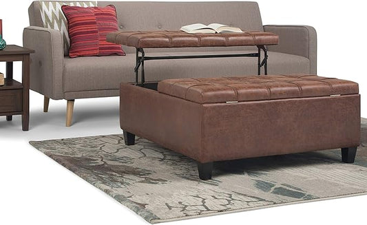 SIMPLIHOME Harrison 36 inch Wide Transitional Square Coffee Table Storage Ottoman in Distressed Umber Brown Vegan Faux Leather, Assembled, For the Living Room and Bedroom