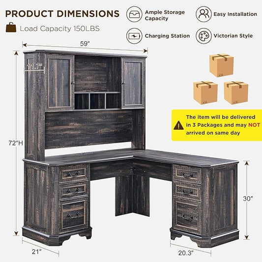 T4TREAM 59" Executive L Shaped Desk with Hutch,Victorian Wood Computer Desk, Featuring Charging Station,File Drawer, Storage Cabinet,for Home Office Work and Study (Dark Rustic Oak)