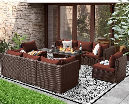 NICESOUL Modern 9 Pcs Patio Sectional Sofa Set with Fire Pit Natural Gas/Propane, Extra Large Outdoor Furniture Sets, 29.3'' High Back Deep Seats Conversations 8 Seater, Brown Rattan and Red Cushion