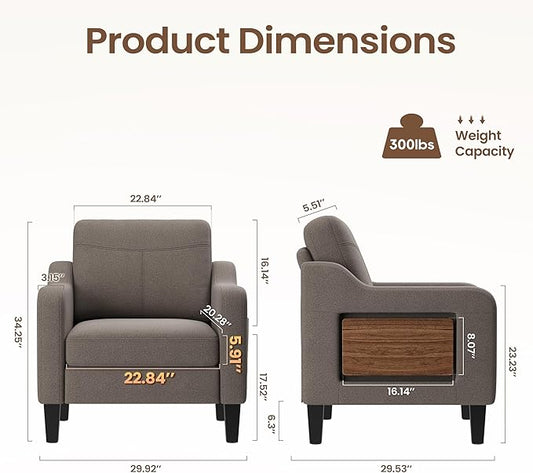 Accent Chair for Living Room Modern Linen Upholstered Armchair Side Wooden Fabric Sofa Chair with Foldable Table 2 Side Pockets Comfy Reading Chair for Bedroom