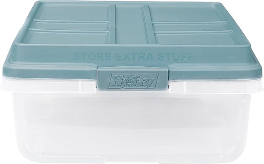Hefty HI-RISE 40 Qt Stackable Storage Bins with Lids – 6 Pack Clear Plastic Under Bed Storage Containers, Shoe Organizer Boxes with XL Lid-Locking Latches, Comfort-Grip Handles, Durable Double Rim