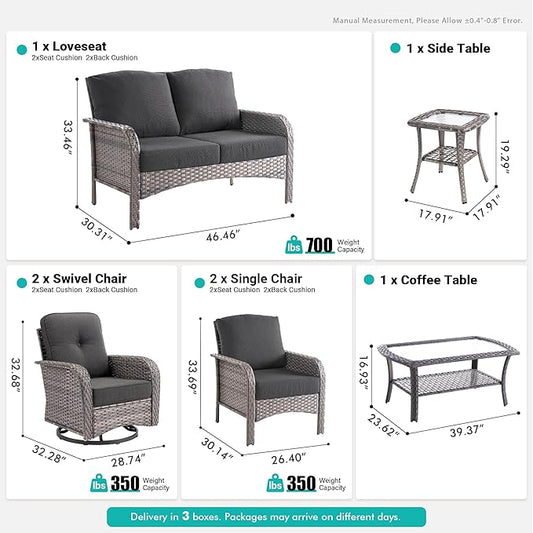 7 PCS Patio Outdoor Furniture Set with Swivel Rocking Chairs,All Weather Wicker Rattan Patio Seating Sofa and Chairs Set,Outdoor Conversaiton Sets for Deck Yard Prrch Garden Poolside,Black