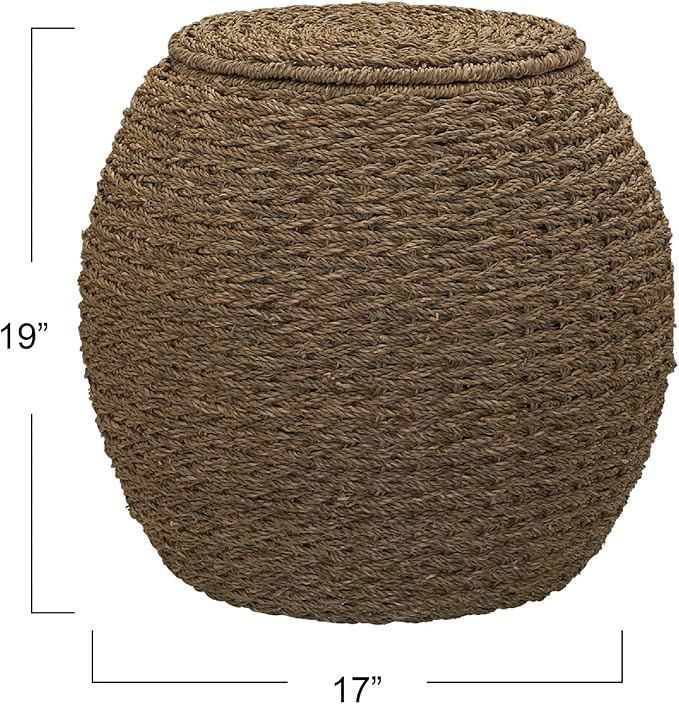 Household Essentials Handwoven Seagrass Barrel Wicker Storage Basket Side Table, Natural
