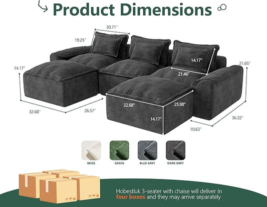 Hobestluk 120" Cloud Modular Sectional Couch 3-Seater Sofa with Ottomans U Shaped Couch Deep Seat Sofa with Removable Cover Large Sofa for Living Room (Dark Grey, 3-Seater Sofa with Two Ottomans)