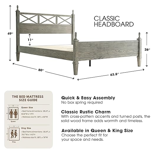 Queen Size Platform Bed Frame with Solid Wood Headboard & Footboard, Metal Legs, 12 Durable Slatted Base, No Box Spring Needed, Easy Assembly, Noise-Free & Anti-Slip, Weathered Gray Oak Finish, RIQ-34
