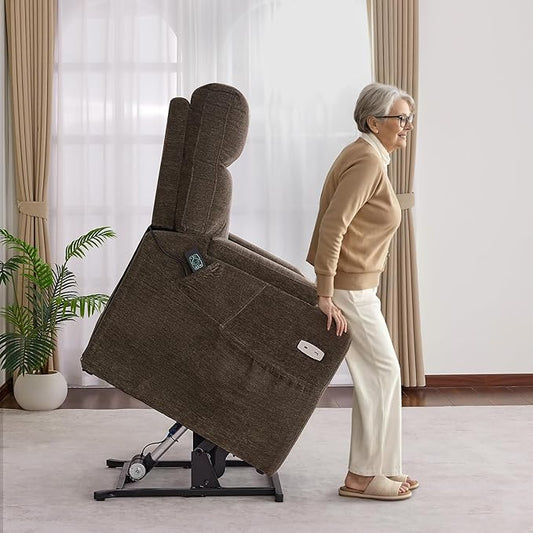 MCombo Lay Flat Dual Motor Power Lift Recliner Chair with Massage & Dual Heating, Arm Storage, Extended Footrest, USB A/C Ports & Cup Holders, Infinite Position for Elderly, Fabric LC002 (Brown)