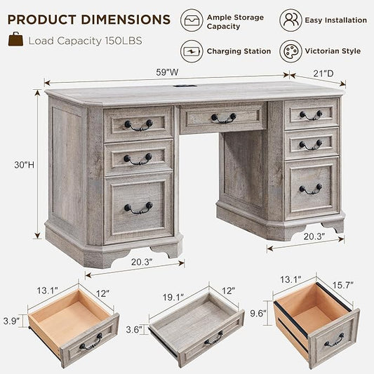 T4TREAM 59" Farmhouse Executive Desk with Drawers,Wood Home Office Computer Desk, Featuring Keyboard Tray,Charging Station,File Drawer, Storage Cabinet,for Work and Study (Light Rustic Oak)