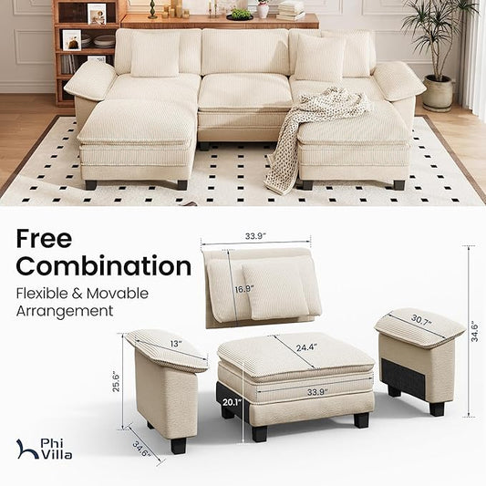 PHI VILLA Cloud Modular Couch Sets, 123.6" Sectional Sofa with U-Shaped Chaise Ottoman, 5-Seater Couches with Upholstered Deep Seat for Living Room, Chenille Corduroy Dual Fabric, Beige
