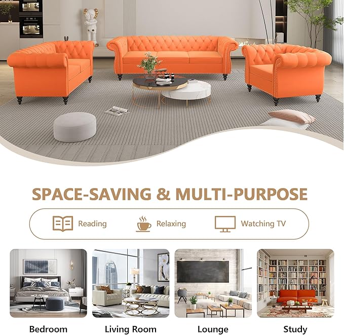 2 Piece Living Room Sofa Set, 3 Seater Velvet Sofa Couch and Chair Set, Mid Century Modern Upholstered Couch with Cushions, Comfy Tufted Chesterfield Couches for Living Room, Bedroom, Office