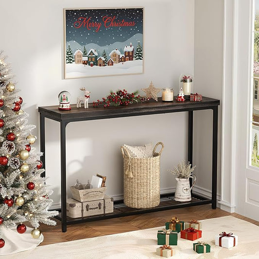 47" Console Table with Storage, 2 Tier Narrow Entryway Table, Sofa Table with Mesh Shelves, Console Tables for Living Room, Bedroom, Hallway, Entryway, Foyer, Oak Grey