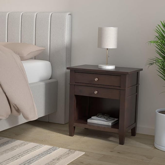 SIMPLIHOME Carlton Bedside Table - 24 inch Wide Solid Wood Nightstand Table in Dark Tobacco Brown, Transitional Bedroom Side or End Table with 2 Drawers, Open Storage Shelf and Bronze Hardware
