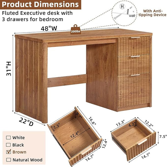 48" Modern Fluted Home Office Desk with Storage Cabinet, Brown Wood Executive Desk with File Drawer & Metal Handles, Large Computer Writing Table for Office,Study, Living Room, Bedroom