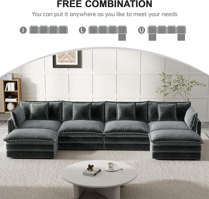 Modular Sectional Sofa, 146.5 Inch U-Shaped Cloud Sofa with Deep Seat Chenille Sofa with Cushions, Four Seater Sectional Sofa for Living Room Apartment,Gray