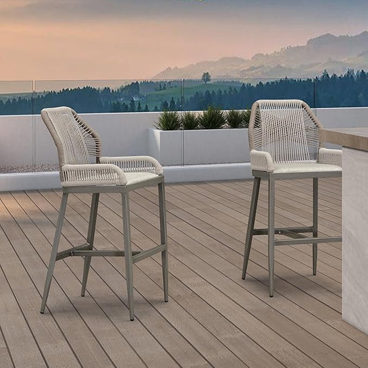 PURPLE LEAF 4 Pieces Bar Stools Patio Modern Rattan Barstools Aluminum Woven Tall Bar Chairs with Cushions for Outdoor Kitchen Island Garden