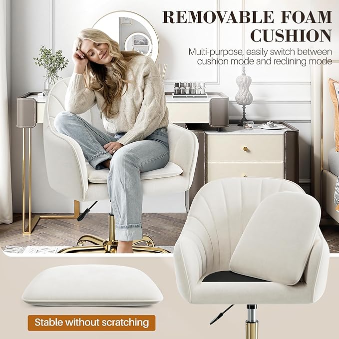 Comfy Home Office Desk Chairs Vanity Chair with Wheels Adjustable Modern Velvet Makeup Vanity Chairs for Bedroom Living Room(White)