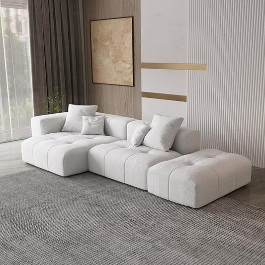 WJShome Modern Modular Sofa with Ottoman,119" L Shaped Sectional Couch, Linen Deep Loveseat with Pillows Couches for Living Room, Bedroom and Apartment,White