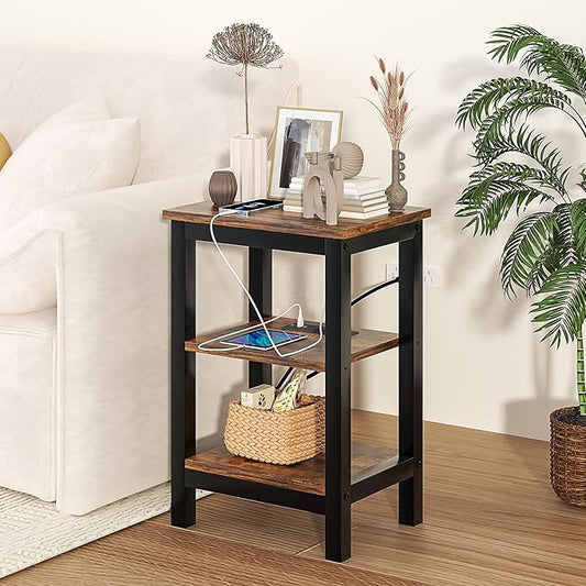 VECELO Modern Nightstands with Charging Station,Side End Table Night Stand with Storage Shelf for Small Spaces, Bedroom,Living Room