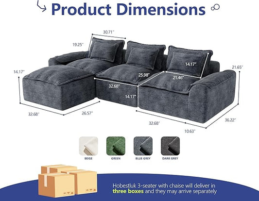 Hobestluk 120" Cloud Modular Sectional Couch 3-Seater Sofa with Ottoman L Shaped Sofa with Removable Cover Large Sofa Couch for Living Room (Blue Grey, 3-Seater Sofa with One Ottoman)