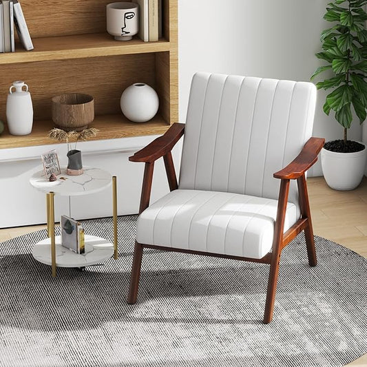 Giantex Mid-Century Modern Accent Chair, Upholstered Comfy Living Room Chair with Arms, Anti-Slip Felt Pads, Wooden Frame Soft Padded Armchair for Living Room Bedroom Office Study, Beige