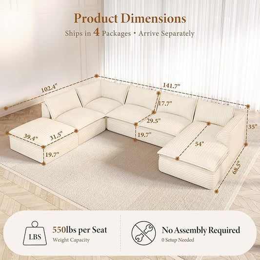 Vesgantti 141.7" Oversized Sectional Boneless Couch, Modern 7 Seater Modular Sofa with Chaise & Ottoman, Deep Seat Plush Corduroy Cloud Couches for Living Room, No Assembly Required, Beige