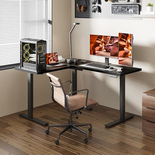 L-Shaped Standing Desk, 63 x 55 Inches Height Adjustable Desk, Sit and Stand up for Work Office Home, Ergonomic Rising Computer Table for Home Office with Splice Board, Black