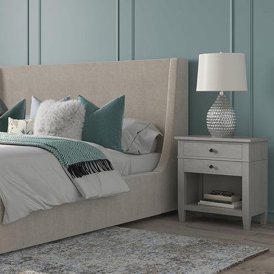 SIMPLIHOME Carlton Solid Wood 24 Inch Wide Contemporary Bedside Nightstand Table in Fog Grey, for The Living Room and Bedroom