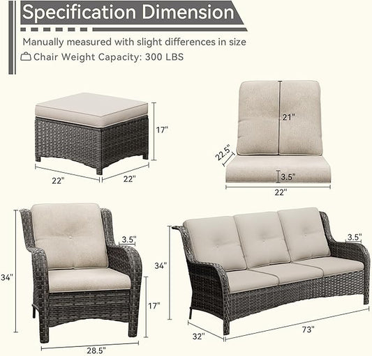 Patio Conversation Set 5-PCS Wicker Outdoor Furniture Conversation Set with 3-Seat Sofa, 2 Armchair, 2 Ottoman Patio Rattan Wicker Sectional Sofa Set with Olefin Cushion, Beige