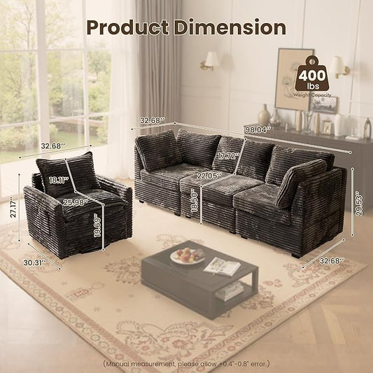 98" Modular Sectional Sofa Set with Swivel Chair, Modern Cloud Couch Plush Corduroy 3 Seater Deep Seat Sofas with Accent Armchair for Living Room Small Space, Gray