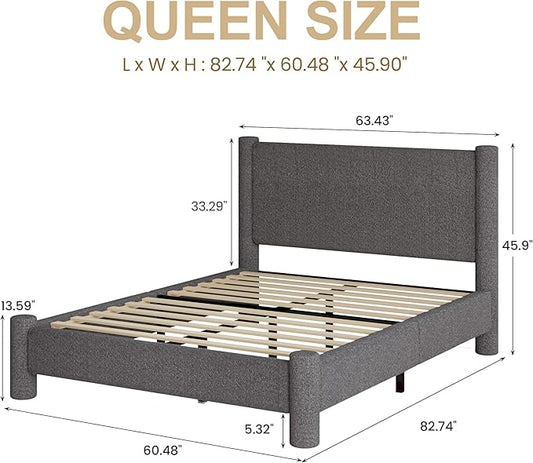 Queen Size Bed Frame, Boucle Upholstered Platform Bed Frame with Headboard and Footboard, Soft Bed Frame with Rounded Corners, No Box Spring Required, Easy Assembly, Dark Grey