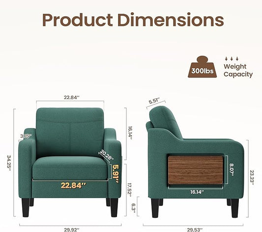 Accent Chair for Living Room Modern Linen Upholstered Armchair Side Wooden Fabric Sofa Chair with Foldable Table 2 Side Pockets Comfy Reading Chair for Bedroom