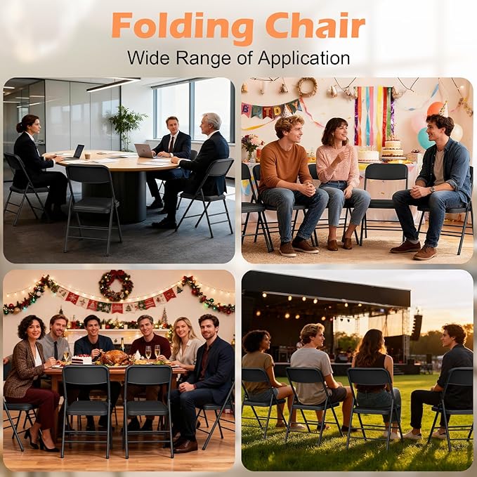 Commercial Grade Folding Chair with Padded Fabric Cushion(16"X16" |Double-hinged Legs Luxury Style|4.5kg Capacity Max Weight 150Kg for Home and Office,Indoor and Outdoor Events (2, PU-Black)