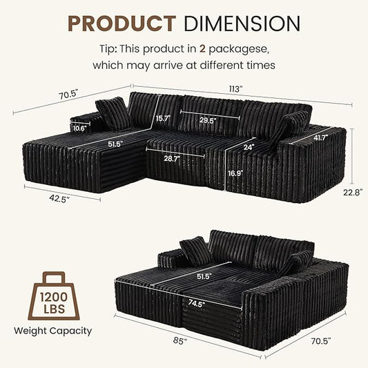 Apicizon 113" Modular Sectional Couch for Living Room, L Shaped Sectional Sofa Couch with Deep Seat, Boneless Sleeper Sofa with Chaise Longue for Apartment,No Assembly Required (Plush Corduroy Black)
