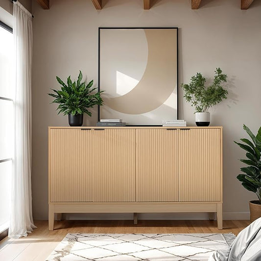 Best Choice Products 55" Modern 4-Door Sideboard Storage Cabinet, Buffet, Media Cabinet, Cupboard, Entryway Accent Table, Bookcase w/Reed Panels and Adjustable Shelves – Natural