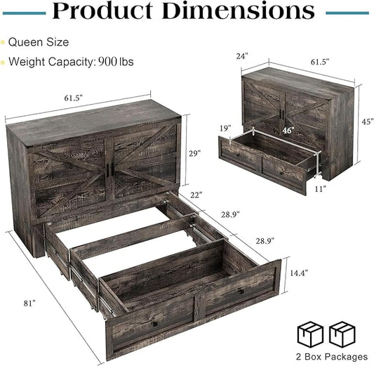 Queen Murphy Bed with Storage and Charging Station, Farmhouse Cabinet Bed, Noise-Free, for Guest Room, Apartment, or Office, Black Oak
