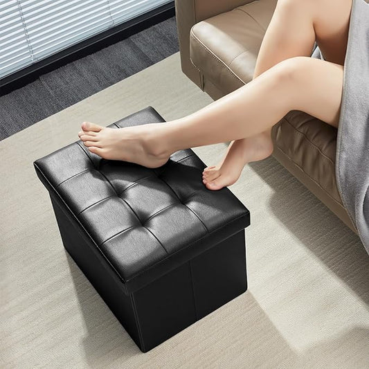 Storage Ottoman Foot Rest Stool, Small Leather Storage Ottomans Bench, Folding Foot Stool with Handles Lid, Foot Rest Under Desk for Living Room Bedroom, 17x13x13 in, Black