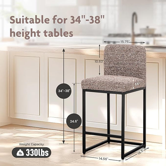 ALPHA HOME 24" Bar Stools Set of 2 Kitchen Counter Stools with Back, Counter Height Stools with Upholstered Footrest for Kitchen Island, Metal Steel Frame, Chenille, Brown