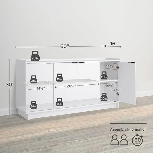Prepac Simply Modern 4 Door Console Table with Storage, White Storage Cabinet with Doors and Shelves, Sideboard Storage Cabinet 60" W x 30" H x 16" D, WCBG-1820-1