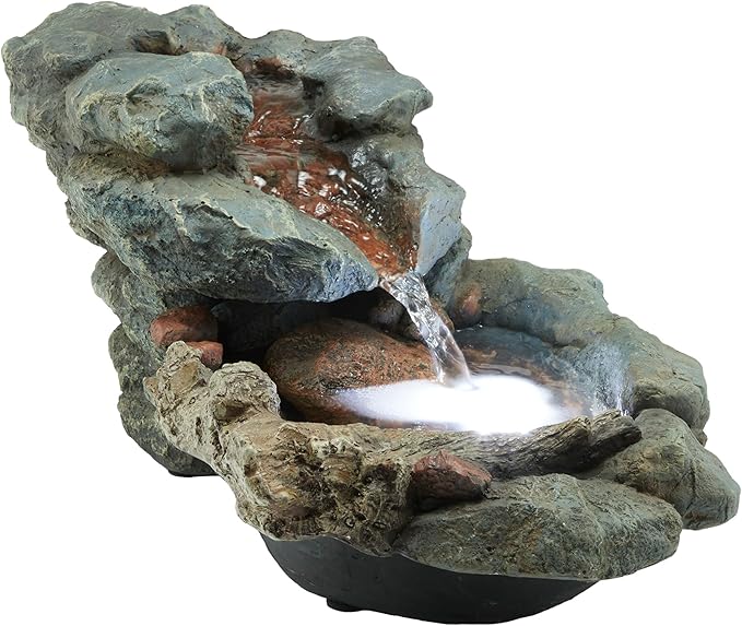 Alpine Corporation 20" Long Indoor/Outdoor River Rock Waterfall Tabletop Fountain with LED Lights