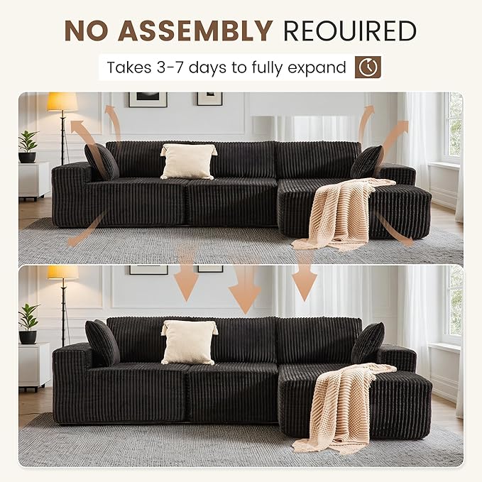 Apicizon 113" Sectional Sofa Couch for Living Room, 3 Seat Boneless Sofa with Chaise Longue, L-Shape Modular Sectional Couches with Deep Seat for Apartment,No Assembly Required (Stripe Corduroy Black)