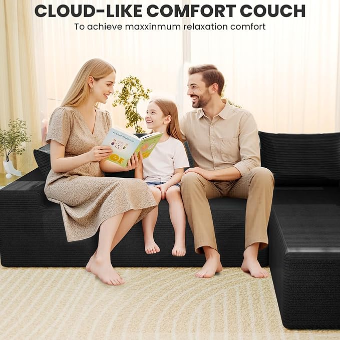 LEVELEVE 107" Cloud Sectional Couch with Deep Seat,Modern Modular Sofa with L-Shape Chaise,No Assembly Required, Upholstered Couches for Living Room Bedroom(Black,Right Facing Chaise)