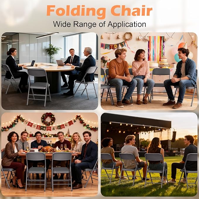 Commercial Grade Folding Chair with Padded Fabric Cushion(16"X16" |Double-hinged Legs Luxury Style|4.5kg Capacity Max Weight 150Kg for Home and Office,Indoor and Outdoor Events (2, PU-Gray)