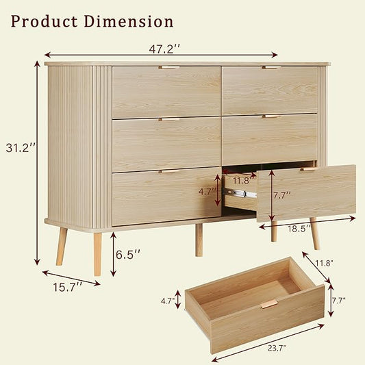 6 Drawers Dresser, Mid Century Modern Dresser for Bedroom, Curved Profile & Fluted Design, Wide Wood Chests of Drawers Storage for Entryway, Hallway, Oak