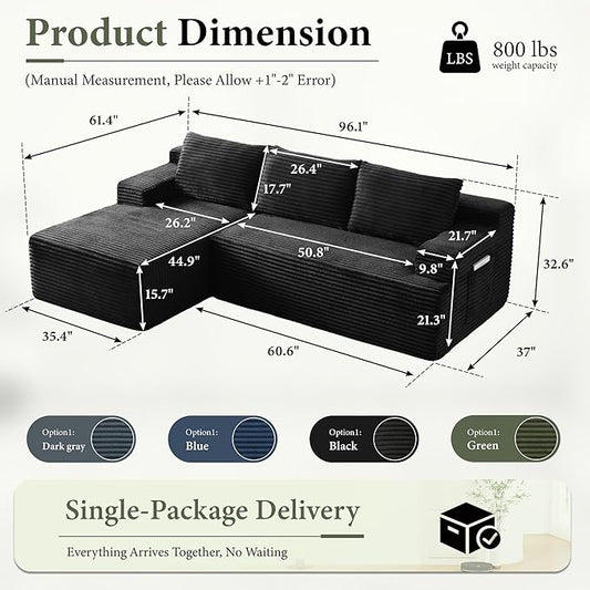 96''Sectional Couches for Living Room,Modern Modular Sectional Sofa,Upholstered Boneless Couch with Pockets,Comfy Cloud Couch with L Shaped Chaise (Black, 96''W Left Facing Chaise)